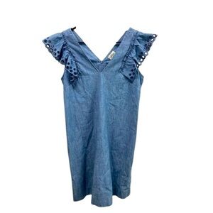 J crew women’s denim dress w eyelet on sleeves w ruffles and size 8